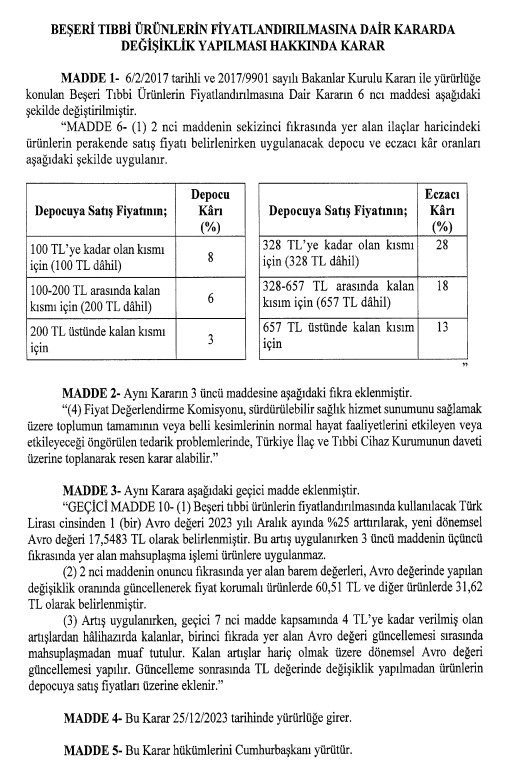 i̇laç fiyatlarındaki değişiklik resmi gazete'de yayımlandı