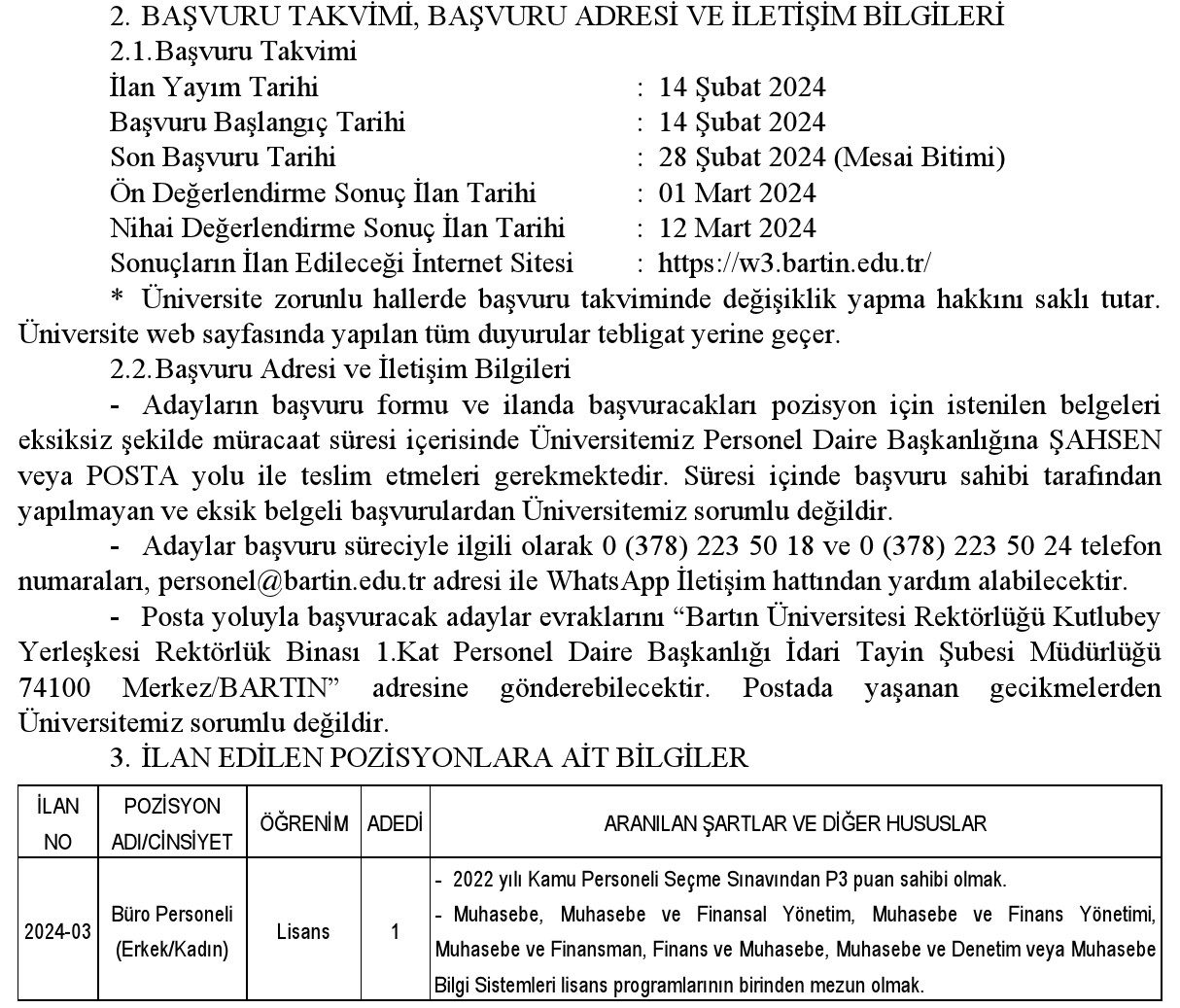 bartın üniversitesi sözleşmeli personel alacak