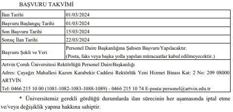 artvin çoruh üniversitesi sözleşmeli personel alım i̇lanı