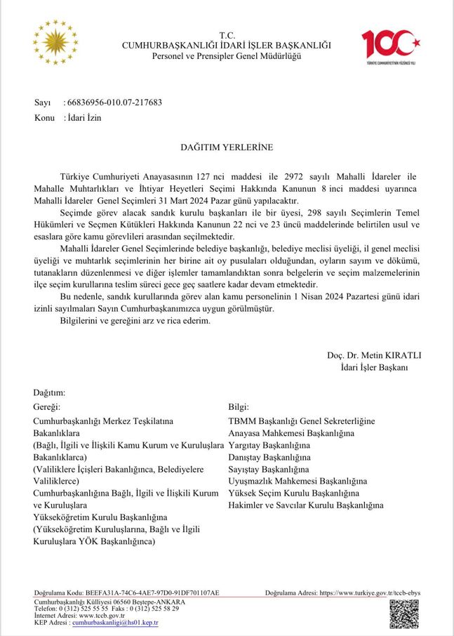 seçimlerde görevli kamu personeli 1 nisan'da i̇zinli sayılacak mı?