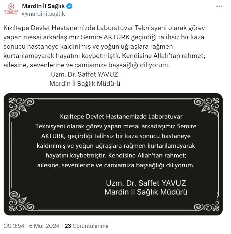 düşerek hayatını kaybeden sağlık çalışanı anne i̇çin sağlık müdürlüğünden taziye mesajı