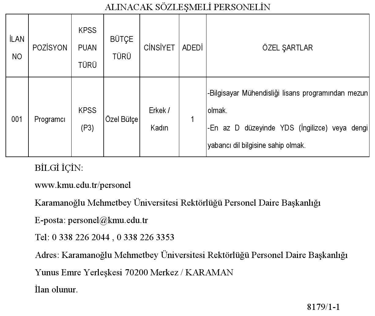 karamanoğlu mehmetbey üniversitesine sözleşmeli personel alınacak