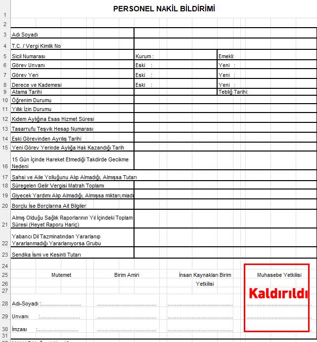 İşte yönetmelik ekindeki personel nakil bildirimi formu