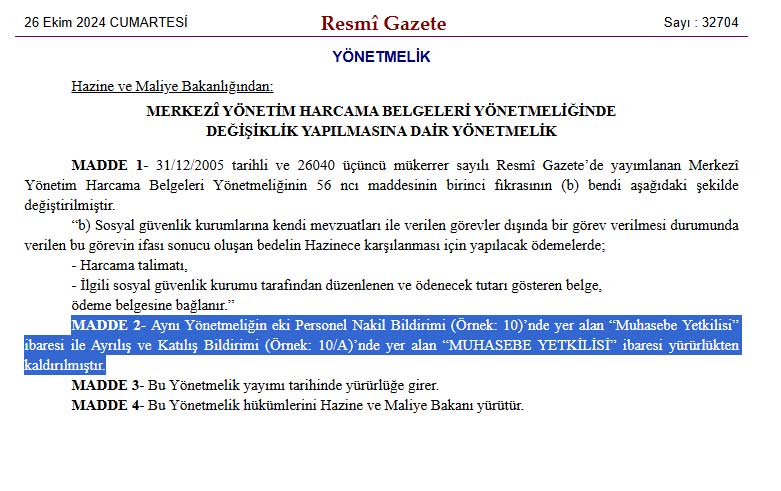 Personel Nakil İşlemlerinde Muhasebe Yetkilisi Onayı Kaldırıldı