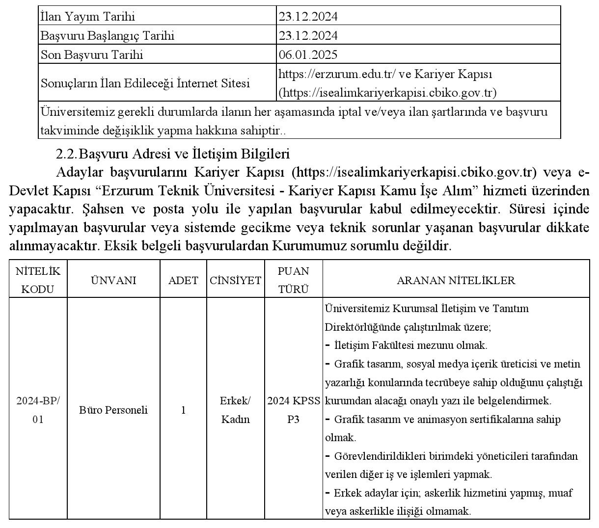 erzurum teknik üniversitesinden sözleşmeli personel alımı duyurusu