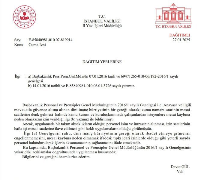 valilikten kamu çalışanları i̇çin cuma namazı genelgesi