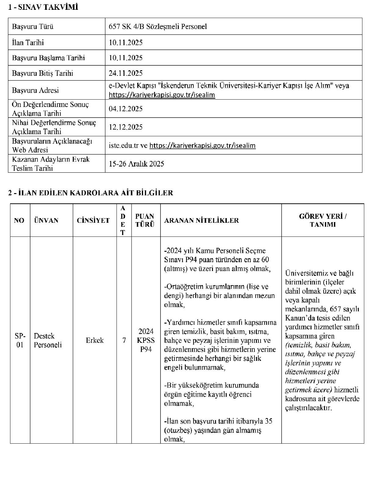 İskenderun Teknik Üniversitesi Sözleşmeli Personel Alacak