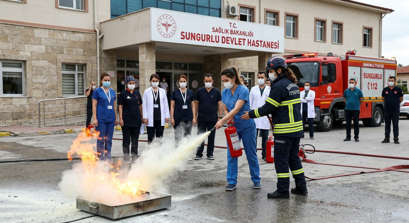 Sungurlu Hastane Personeline Uygulamalı Yangın Tatbikatı: Can Güvenliği Vurgusu Sungurlu'da Hastane Personeline Uygulamalı Yangın Eğitimi: Can Güvenliği İçin Kritik Tatbikat